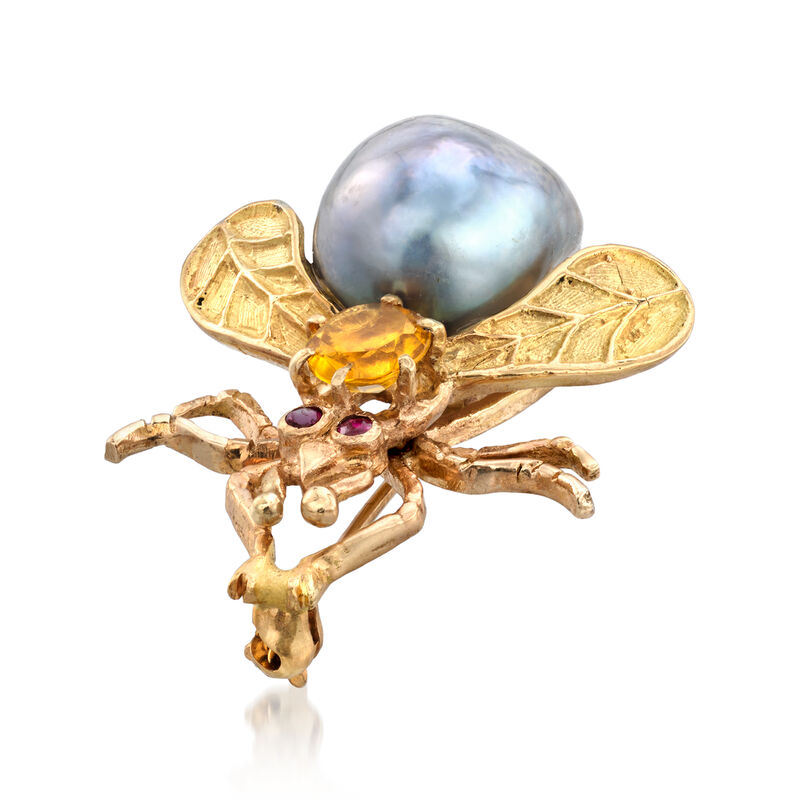 C. 1960 Vintage 18x10mm Black Cultured Pearl and .60 Carat Citrine Bug Pin with Rubies in 14kt Yellow Gold image number 2