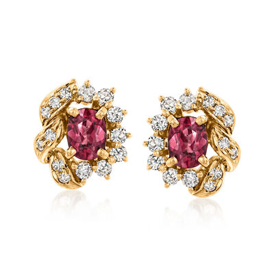 C. 1980 Vintage 1.00 ct. t.w. Rhodolite Garnet and .50 ct. t.w. Diamond Earrings in 14kt Yellow Gold