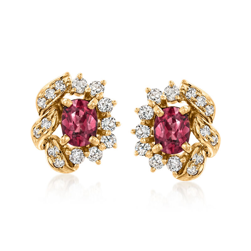 C. 1980 Vintage 1.00 ct. t.w. Rhodolite Garnet and .50 ct. t.w. Diamond Earrings in 14kt Yellow Gold image number 0