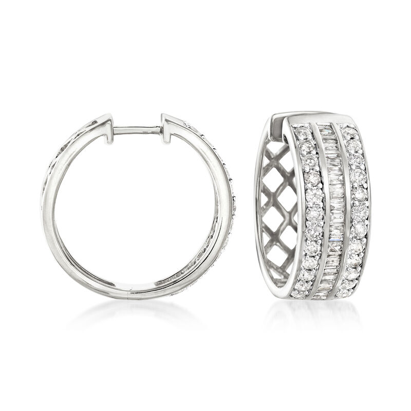 2.00 ct. t.w. Diamond Baguette and Round Diamond Hoop Earrings in Sterling Silver. 3/4&quot; image number 0