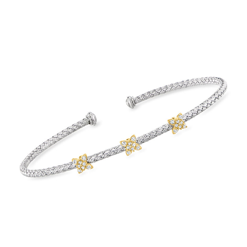 Charles Garnier .10 ct. t.w. CZ Butterfly Station Cuff Bracelet in Sterling Silver and 18kt Gold Over Sterling. 7.5&quot; image number 0