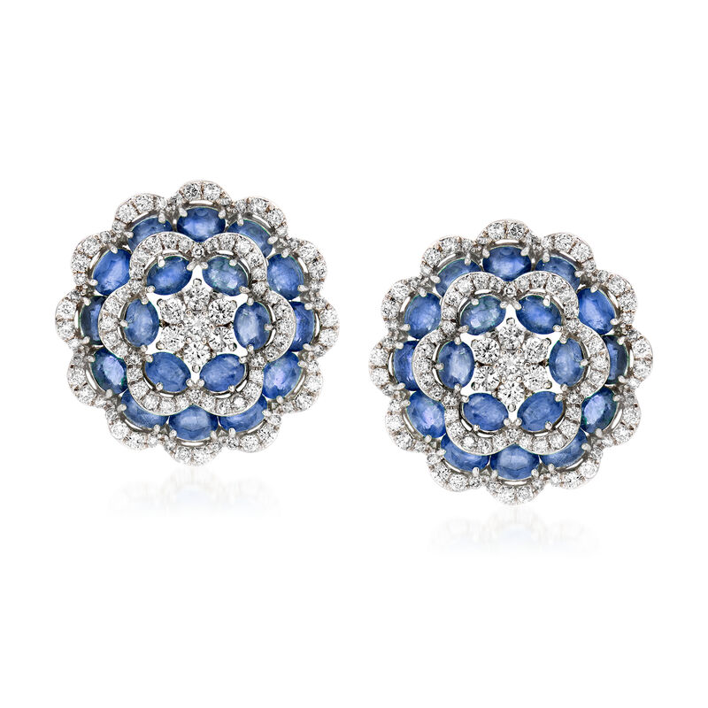 7.50 ct. t.w. Sapphire and 1.90 ct. t.w. Diamond Flower Earrings in 18kt White Gold image number 0