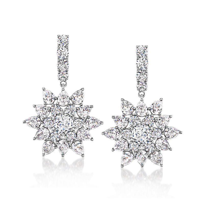 Rhodium-Plated Floral Hoop Drop Earrings with 8.30 ct. t.w. CZs  image number 2