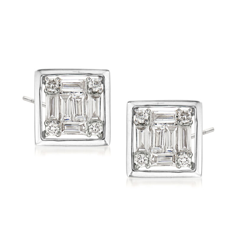 .35 ct. t.w. Round and Baguette Diamond Square Earrings in 18kt White Gold image number 0