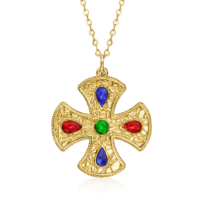 Italian Multicolored Enamel Cross Necklace in 14kt Yellow Gold. 18&quot; image number 1