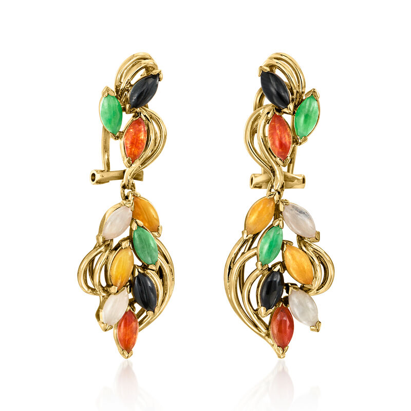 C. 1970 Vintage Multicolored Jade Clip-On Drop Earrings in 14kt Yellow Gold image number 2