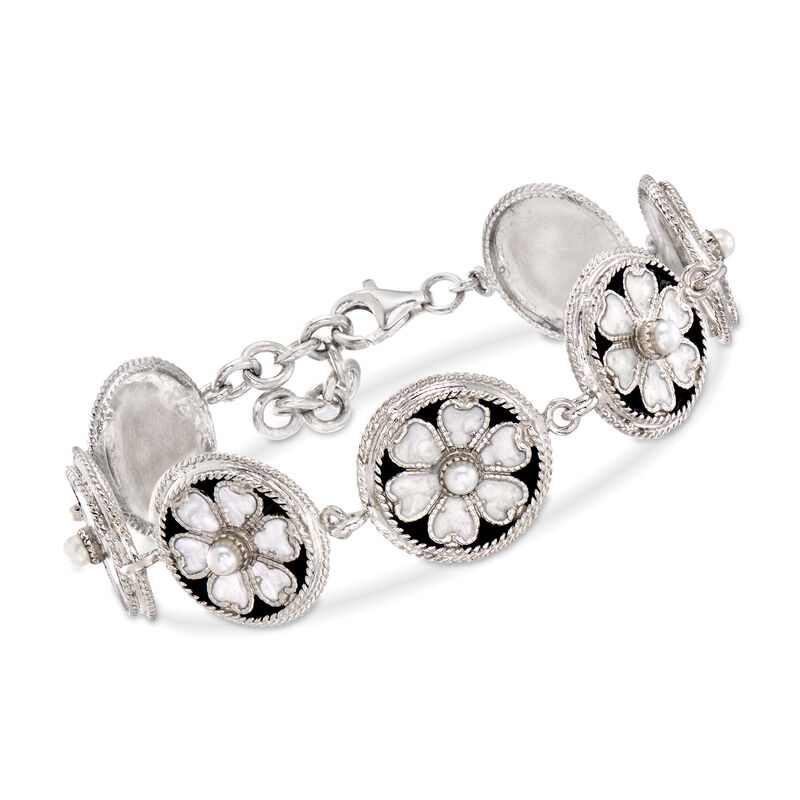Italian 3-3.5mm Cultured Pearl and Enamel Flower Bracelet in Sterling Silver image number 0