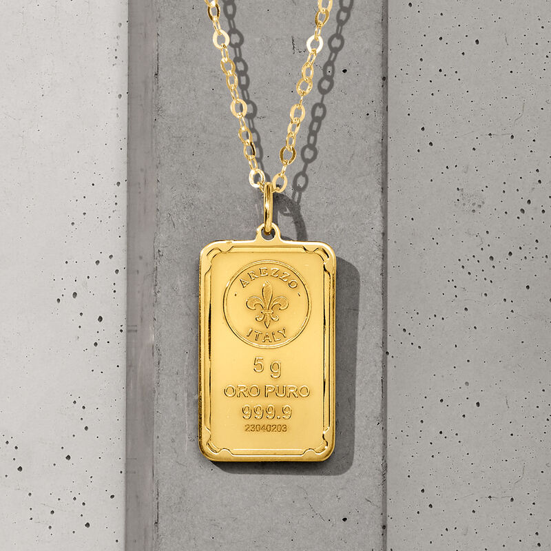 Italian 24kt Yellow Gold Fleur-De-Lis Five-Gram Ingot Pendant Necklace with 14kt Gold Frame image number 4