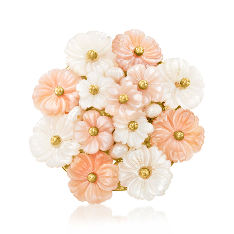 Italian Pink and White Mother-of-Pearl Flower Ring with Cultured Semi-Baroque Pearls in 18kt Gold Over Sterling image number 0