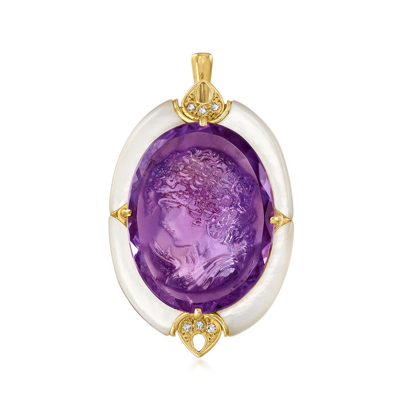 C. 1980 Vintage Mother-Of-Pearl and 15.00 Carat Amethyst Intaglio Pin/Pendant in 18kt Yellow Gold with Diamond Accents image number 0