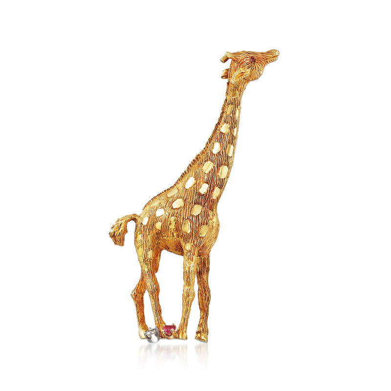 C. 1980 Vintage .10 Carat Diamond and .17 ct. t.w. Ruby Giraffe Pin in 18kt Yellow Gold image number 0