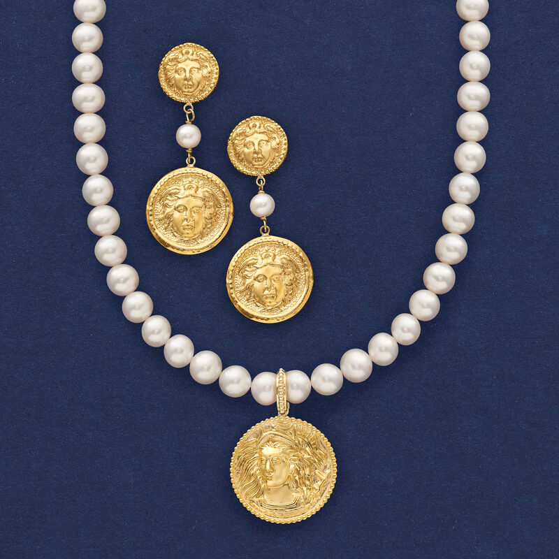 Italian 8-8.5mm Cultured Pearl Medusa Necklace in 18kt Yellow Gold Over Sterling Silver image number 2