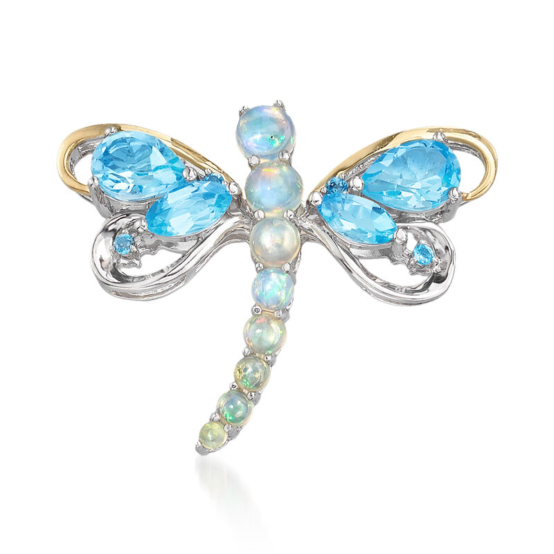 Opal and 2.38 ct. t.w. Swiss Blue and White Topaz Dragonfly Pin/Pendant Necklace in Two-Tone Sterling Silver image number 3