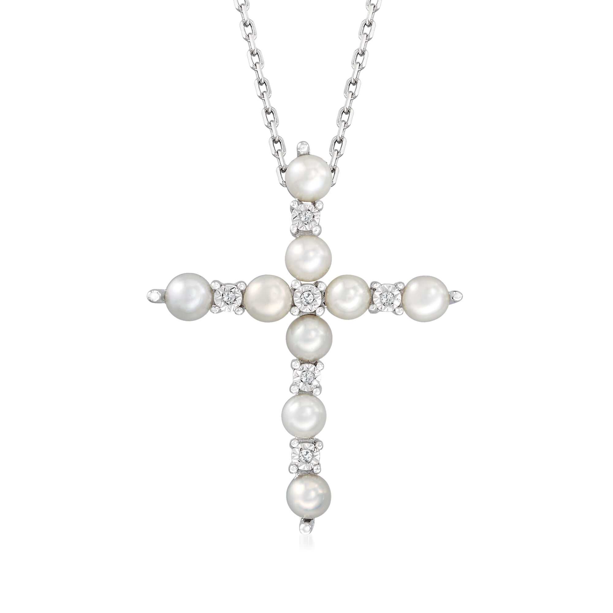 3mm Cultured Pearl Cross Pendant Necklace with Diamonds in