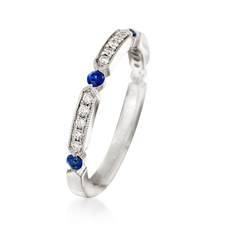Henri Daussi .21 ct. t.w. Diamond and Sapphire Wedding Ring in 14kt White Gold image number 2