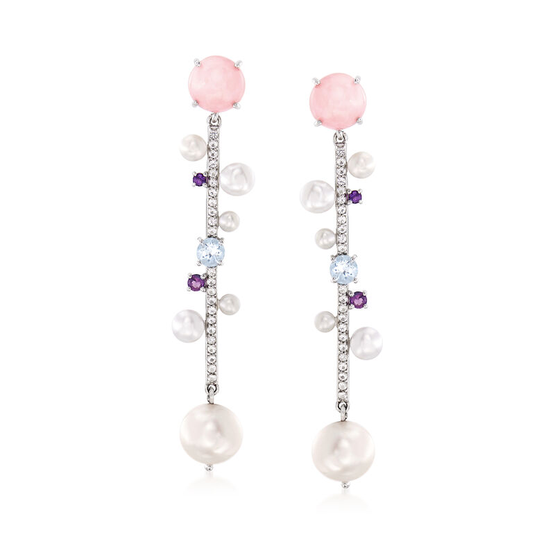 Cultured Pearl, Opal and 1.30 ct. t.w. Multi-Gemstone Drop Earrings in Sterling Silver image number 0
