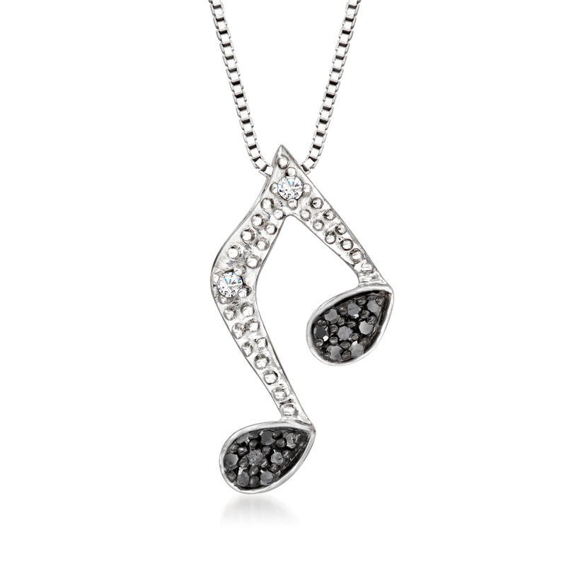 Black and White Diamond-Accented Music Note Pendant Necklace in Sterling Silver image number 0