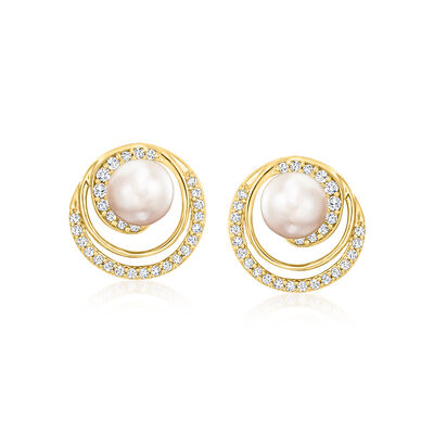 6mm Cultured Pearl Swirl Earrings with .23 ct. t.w. Lab-Grown Diamonds in 18kt Gold Over Sterling