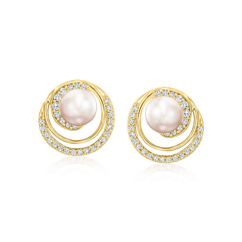 6mm Cultured Pearl Swirl Earrings with .23 ct. t.w. Lab-Grown Diamonds in 18kt Gold Over Sterling image number 0