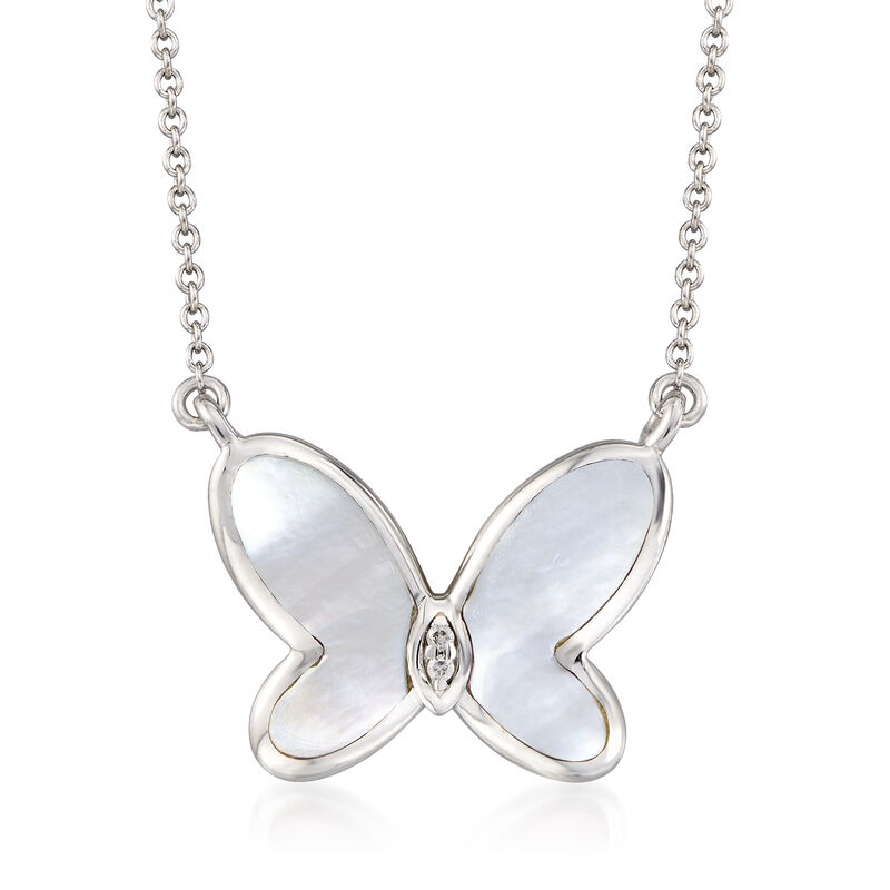 Mother-of-Pearl Butterfly Necklace with Diamond Accents in Sterling Silver. 16.5&quot; image number 1