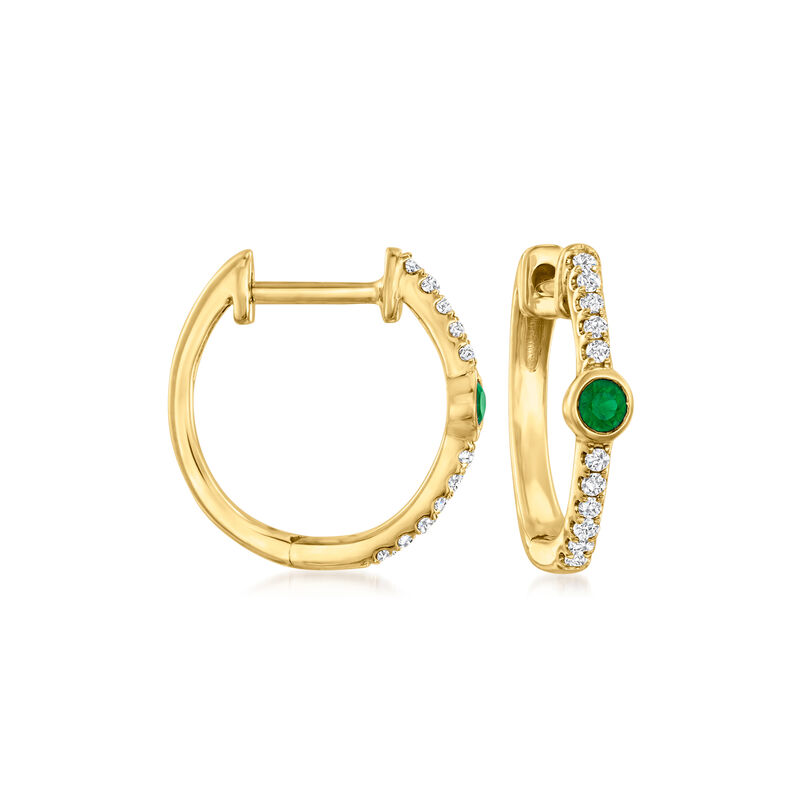 Emerald and Diamond Huggie Hoop Earrings in 14kt Yellow Gold. 3/8" image number 0