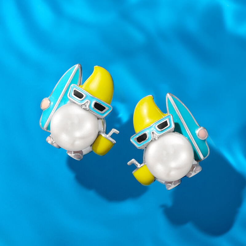 8-8.5mm Cultured Pearl and Multicolored Enamel Surfer Gnome Earrings in Sterling Silver image number 2