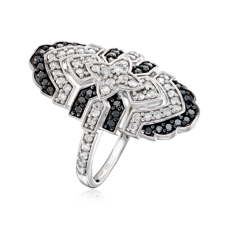 1.10 ct. t.w. Black and White Diamond Vintage-Style Ring in Sterling Silver image number 2