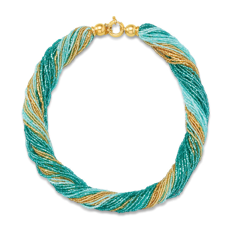 Italian Aqua and Golden Murano Glass Bead Torsade Necklace with 18kt Gold Over Sterling image number 2