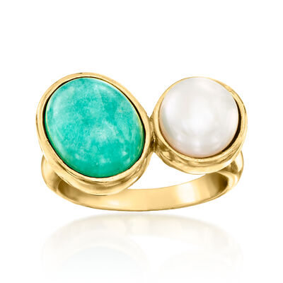 Amazonite and 8-8.5mm Cultured Pearl Toi et Moi Ring in 18kt Gold Over Sterling