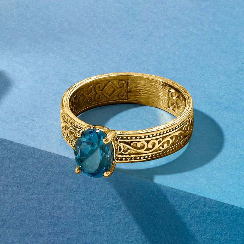 1.50 Carat London Blue Topaz Scrollwork Ring in 18kt Gold Over Sterling image number 3