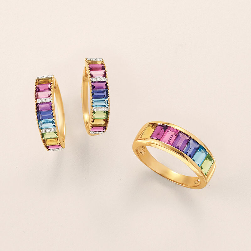 2.00 ct. t.w. Multi-Gemstone and .10 ct. t.w. Diamond Hoop Earrings in 14kt Yellow Gold image number 2