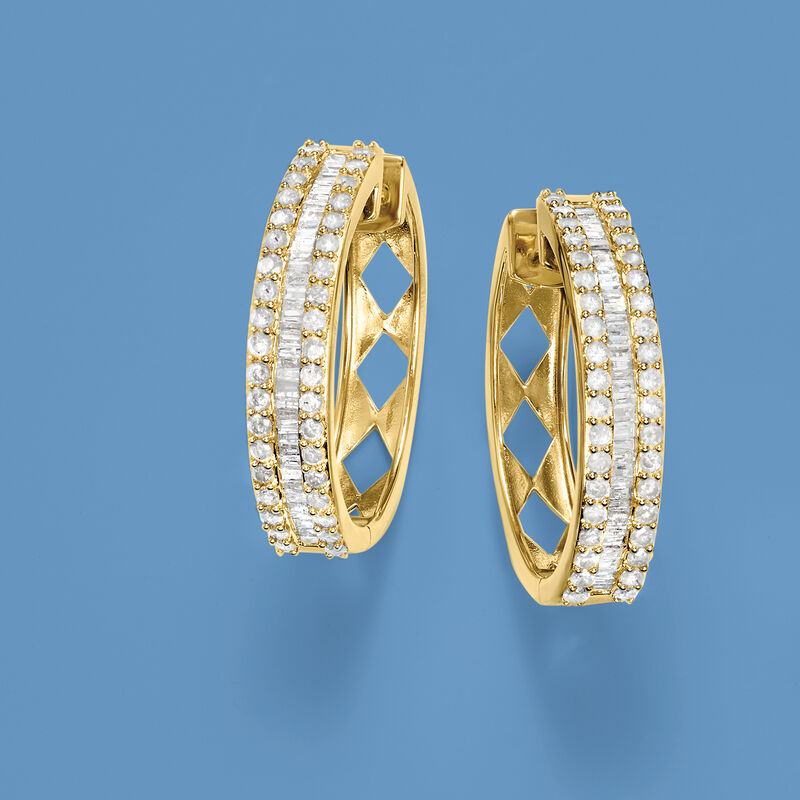 3.00 ct. t.w. Baguette and Round Diamond Hoop Earrings in 18kt Gold Over Sterling image number 3