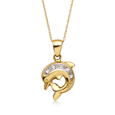 C. 1980 Vintage .12 ct. t.w. CZ Dolphin Pendant Necklace in 14kt Yellow Gold