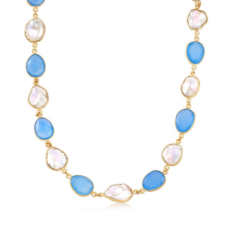 Blue Chalcedony and Cultured Keshi Pearl Necklace in 18kt Gold Over Sterling image number 0