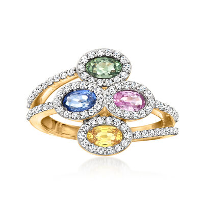 C. 1990 Vintage 1.40 ct. t.w. Multicolored Sapphire and .75 ct. t.w. Diamond Ring in 14kt Yellow Gold