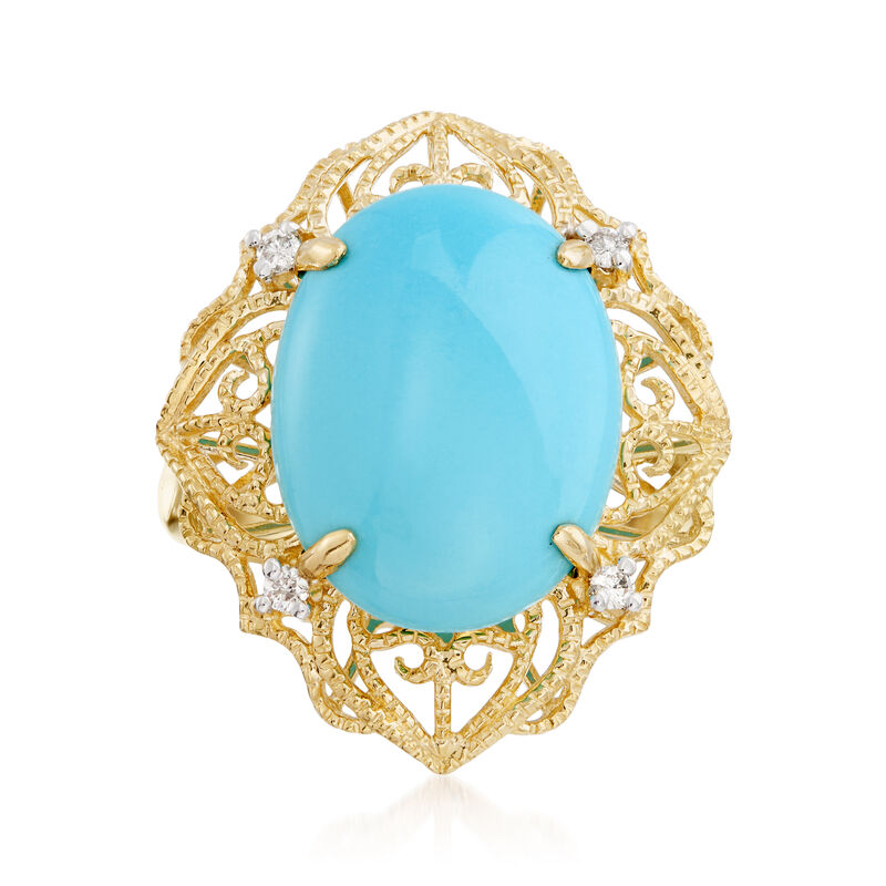 Sleeping Beauty Turquoise Filigree Ring with Diamond Accents in 14kt Yellow Gold. Size 8.5 image number 0