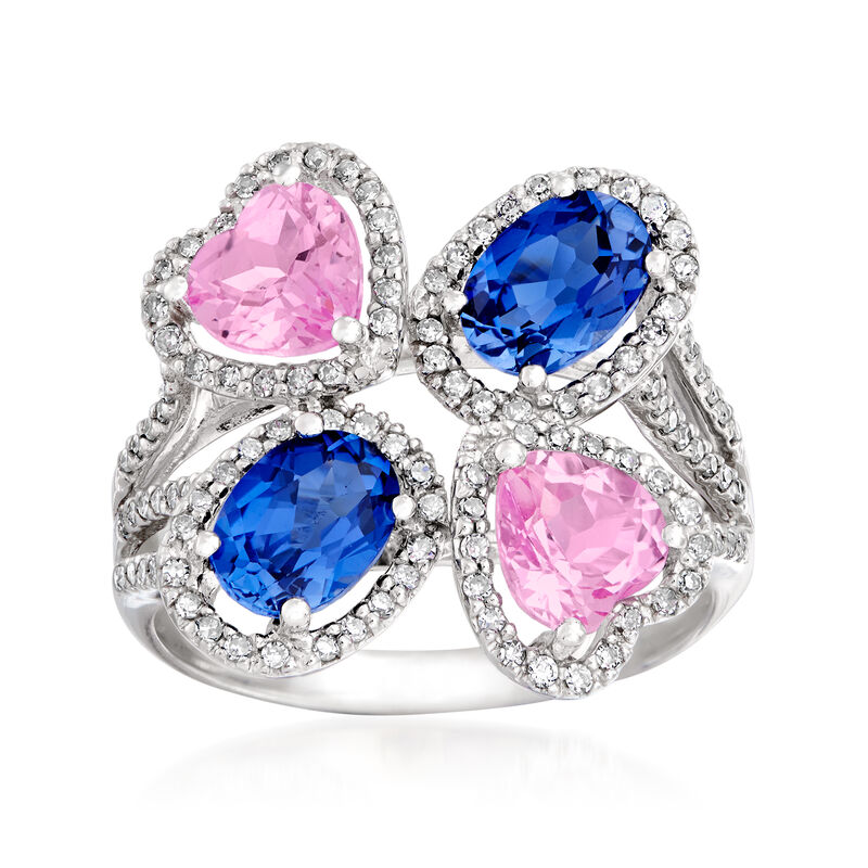 C. 1980 Vintage 4.00 ct. t.w. Pink and Blue Synthetic Sapphire and .40 ct. t.w. Diamond Cluster Ring in 14kt White Gold. Size 9 image number 0