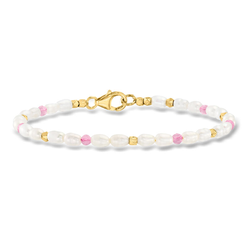 3x5mm Cultured Pearl and 1.00 ct. t.w. Pink Tourmaline Bead Station Bracelet with 18kt Gold Over Sterling image number 0