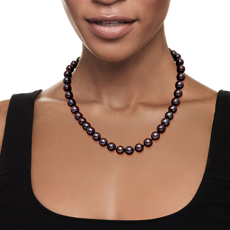 9.5-10.5mm Black Cultured Pearl Necklace with 14kt Yellow Gold. 18" image number 0