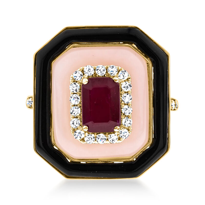 .90 Carat Ruby and .29 ct. t.w. Diamond Ring with Pink Opal and Onyx in 14kt Yellow Gold image number 0