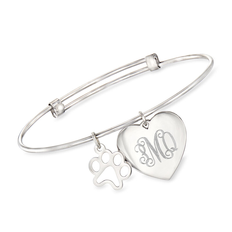 Sterling Silver Personalized Heart Bangle Bracelet with Paw Print Charm image number 2