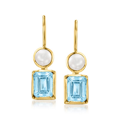 5mm Cultured Pearl and 3.40 ct. t.w. Sky Blue Topaz Drop Earrings in 18kt Gold Over Sterling