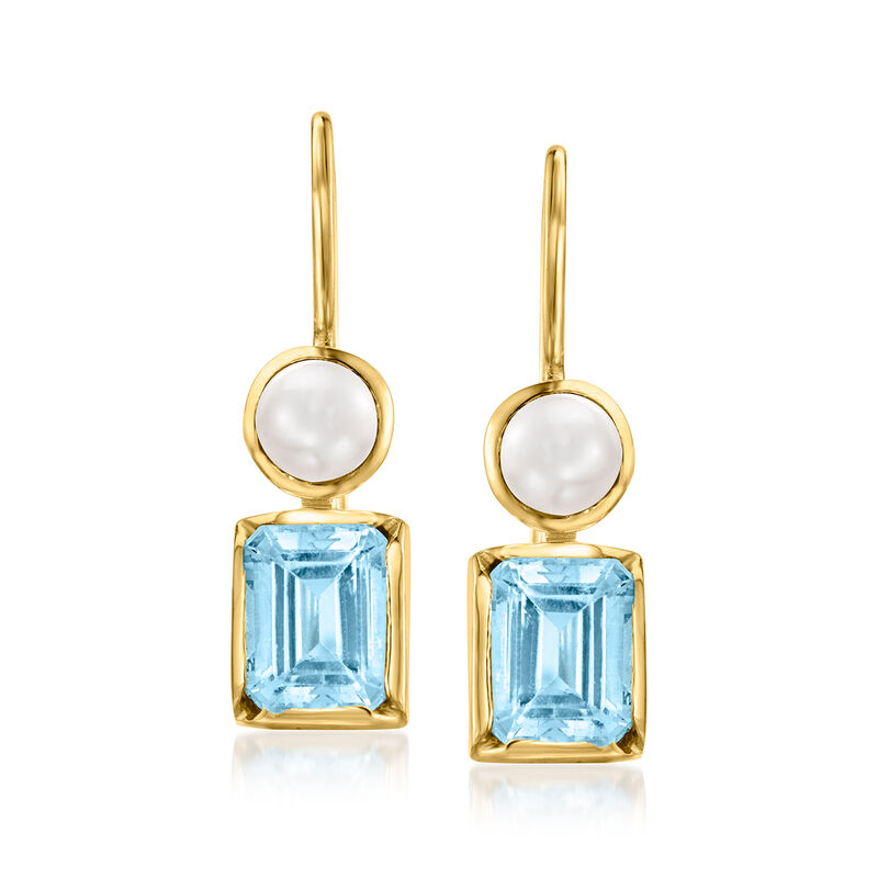 5mm Cultured Pearl and 3.40 ct. t.w. Sky Blue Topaz Drop Earrings in 18kt Gold Over Sterling image number 0