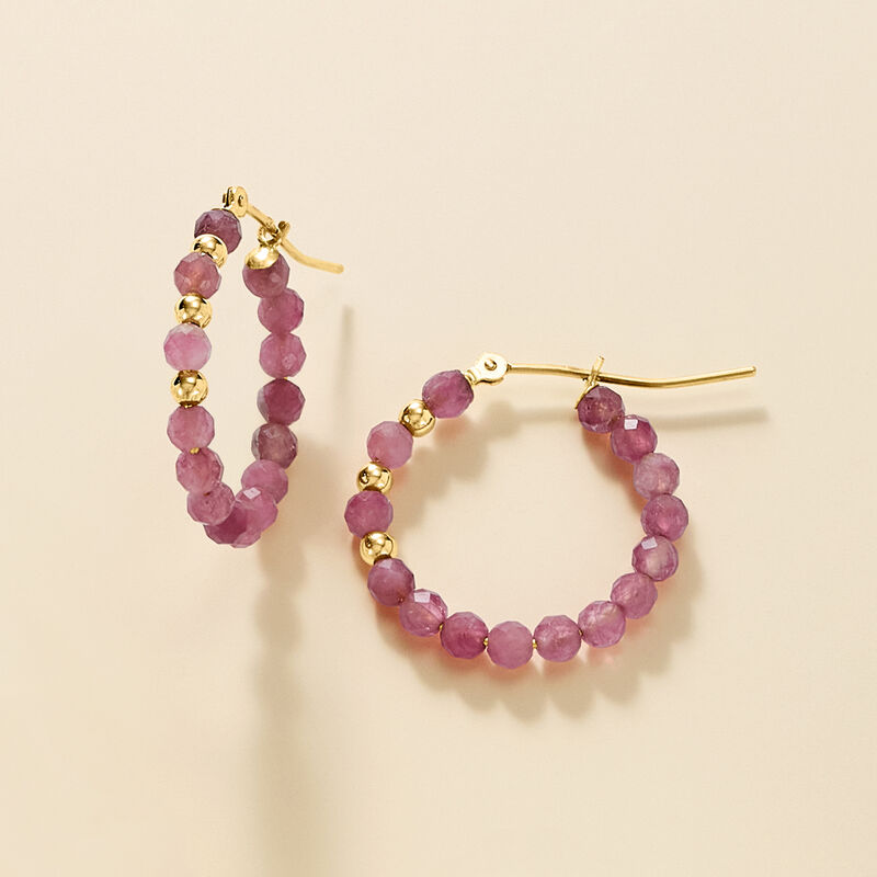 5.50 ct. t.w. Pink Tourmaline Bead Hoop Earrings with 10kt Yellow Gold. Hoop Earrings image number 2
