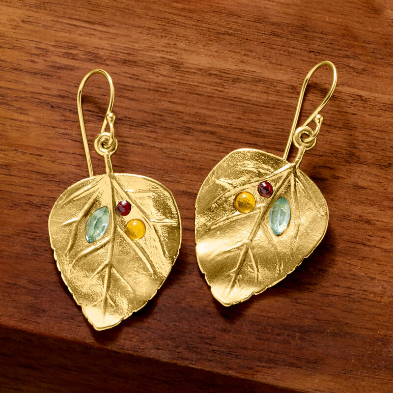 1.40 ct. t.w. Multi-Gemstone Leaf Drop Earrings in 18kt Yellow Gold Over Sterling  image number 4