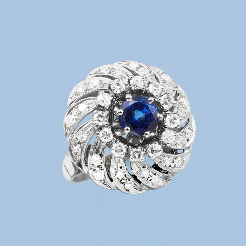 C. 1960 Vintage 1.25 Carat Sapphire and .85 ct. t.w. Diamond Swirl Ring in 14kt White Gold. Size 5.25 image number 3
