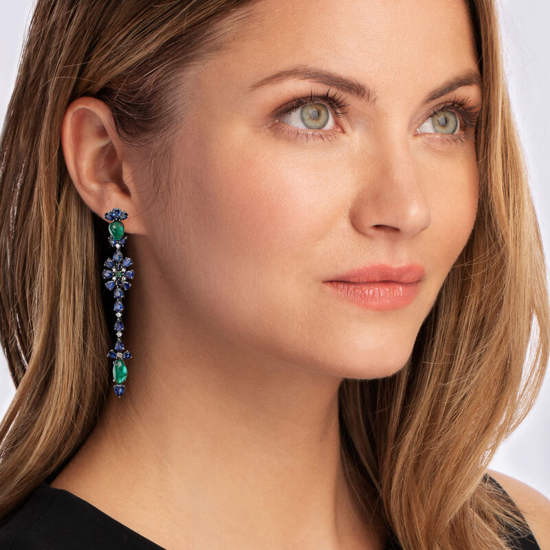 10.20 ct. t.w. Sapphire and 8.35 ct. t.w. Emerald Drop Earrings with .23 ct. t.w. Diamond in 18kt White Gold image number 1