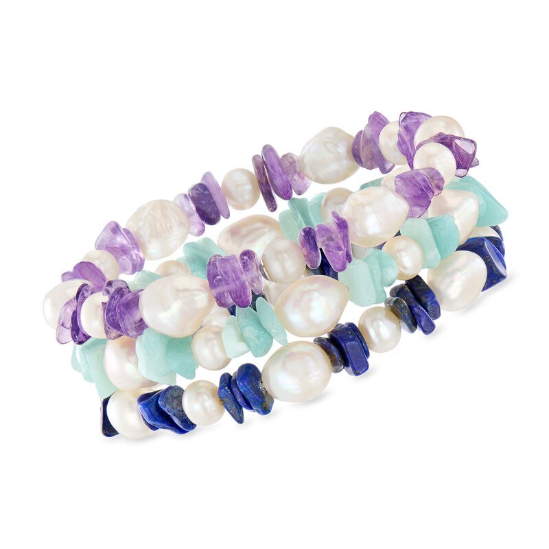 Multi-Gemstone and 6-10mm Cultured Pearl Jewelry Set: Three Stretch Bracelets image number 0