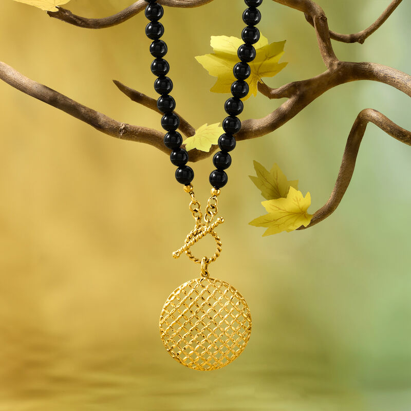 6mm Onyx Bead and 18kt Gold Over Sterling Crisscross Medallion Toggle Necklace image number 2