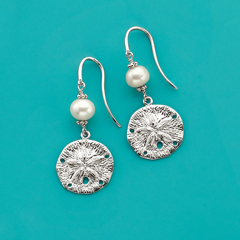6.5-7.5mm Cultured Pearl and Sterling Silver Sand Dollar Drop Earrings  image number 2